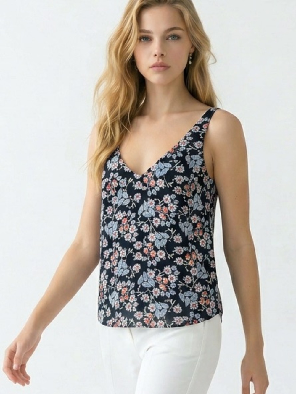 Loft Floral Double V Tank Top‎ forever navy size XSP - Picture 1 of 7